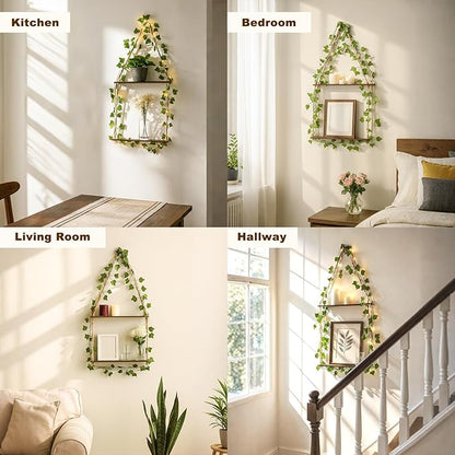 Artilady Artificial Ivy Macrame Hanging Shelves 3 Tier with Lights Boho Wall Decor, Rustic Wood Flaoting Shelf Plant Storage Rack for Bedroom Bathroom Living Room Nursery