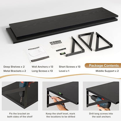 Deep Floating Shelves Wall Mounted, 48"x12" Black Wall Shelves with Brackets Set of 2 for Bedroom, Living Room, Bathroom, Kitchen, Office - Storage & Display Shelf for Decor, Books, Plants