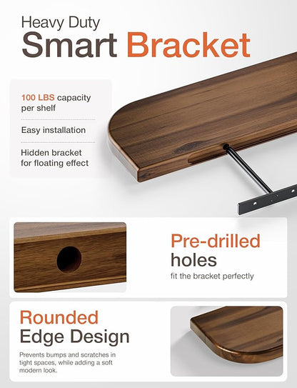 BATODA Set of 2 24” Acacia Floating Shelves for Wall (Round Edge) - Floating Bookshelf Wall - Storage Wood Shelves for House Decor, Kitchen, Bathroom - Brackets and Hardware Included (Walnut Color)