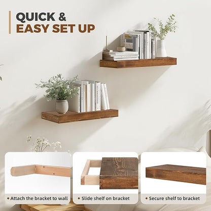17x6.8x2 Inch Rustic Floating Shelves for Wall Set of 2 - Brown Solid Wood Wall Mounted Shelves with Invisible Bracket, Compact Design for Farmhouse Living Room Bedroom Kitchen Decor