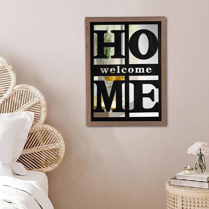 Welcome Home Signs Wall Decor, Wooden Rustic Farmhouse Square Wall Mirror，Accent Mirror for Living Room, Bedroom, Entryway 18”x12”