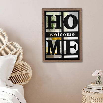 Welcome Home Signs Wall Decor, Wooden Rustic Farmhouse Square Wall Mirror，Accent Mirror for Living Room, Bedroom, Entryway 18”x12”