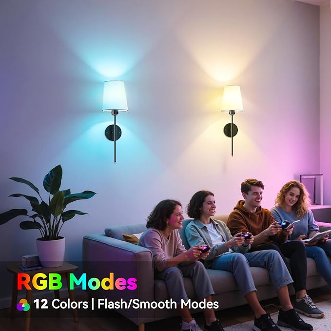20 inch Battery Operated Wall Sconces Set of 2, Wireless Wall Lights with Rechargeable Bulbs & Remote, 15 Colors & Dimmable, Battery Powered Wall Lights for Bedroom, Living Room, Hallway, Black