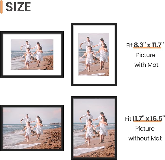 upsimples A3 Picture Frame Set of 5, Display Pictures 8.3x11.7 with Mat or 11.7x16.5 Without, Wall Gallery Poster Frames, Black