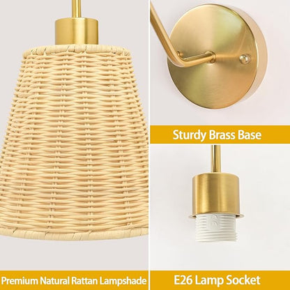 Rattan Rechargeable Battery Operated Wall Sconces Set of 2, Wireless Battery Operated Wall Lights with Remote, 12 Color LED Dimmable 5000mAh Boho Lighting for Bedroom Living Room Hallway