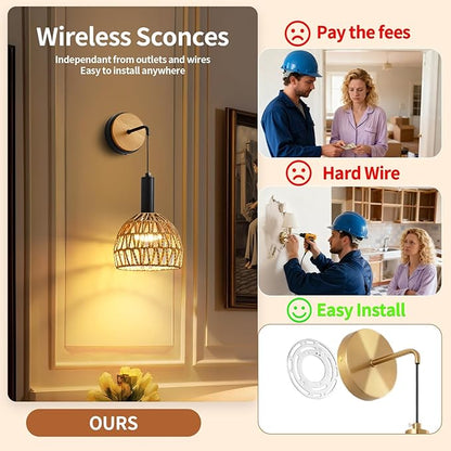 Rattan Wall Sconce, Wall Sconces Set of Two Battery Operated with Remote Control, 3 Colors Dimmable,Boho Upgrade Rechargeable Sconces Set of 2 for Bedroom, Living Room, Entryway (Black)