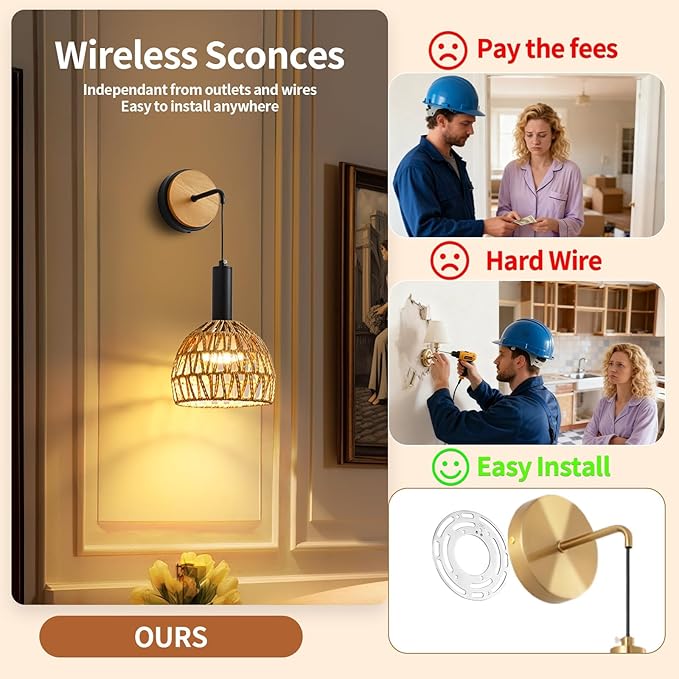 Rattan Wall Sconce, Wall Sconces Set of Two Battery Operated with Remote Control, 3 Colors Dimmable,Boho Upgrade Rechargeable Sconces Set of 2 for Bedroom, Living Room, Entryway (Black)