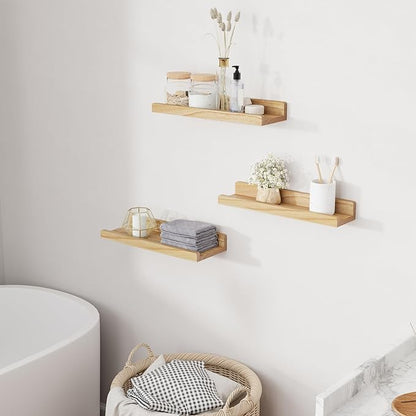 RICHFOCUS Floating Shelves for Wall, 16 inch Solid Wood Picture Ledge Shelf for Wall Storage, Nursery Book Shelves with Lip for Living Room Bathroom Bedroom Kitchen, Set of 3, Natural