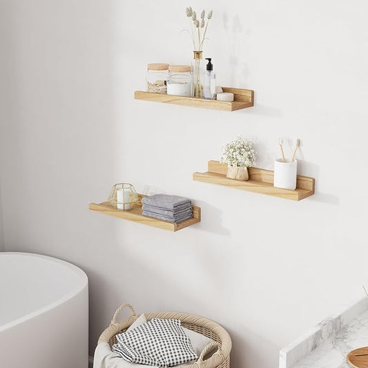 RICHFOCUS Floating Shelves for Wall, 16 inch Solid Wood Picture Ledge Shelf for Wall Storage, Nursery Book Shelves with Lip for Living Room Bathroom Bedroom Kitchen, Set of 3, Natural