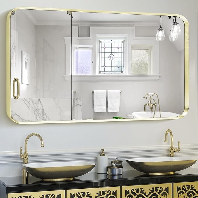 Gold Metal Framed Bathroom Mirror for Wall, Large Brushed Gold Rounded Corner Rectangular Bathroom Vanity Mirror, Anti-Rust, Tempered Glass, Hangs Horizontally or Vertically (30