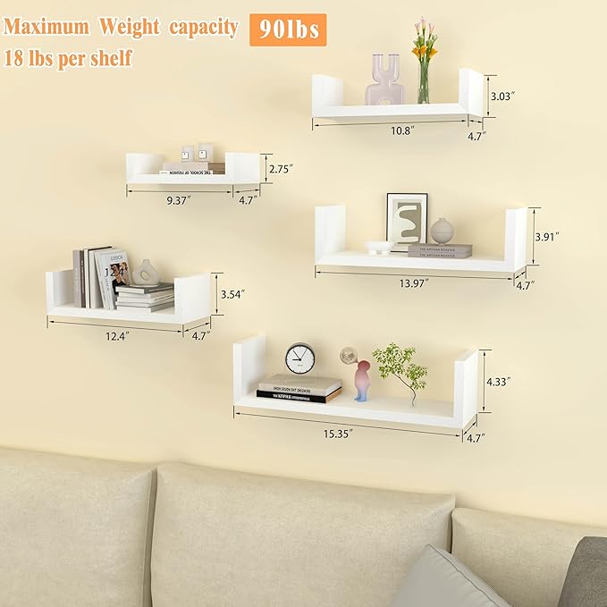 White Floating Shelves for Wall Shelf for Bedroom, Waterproof Solid Wood Floating Shelves Bathroom，Small Relief Textures, Suitable for Bedroom, Living Rooms, Kitchens, Office, and Bathroom