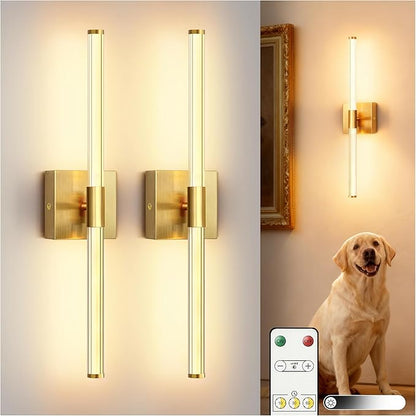 L LOHAS LED Battery Operated Wall Sconces Set of 2, 10000mAh Gold Battery Wall Sconce 360 Full Lighting, 3000K Dimmable Wireless Wall Light, Sconce Wall Decor for Bathroom, Bedroom, Living Room, 24in