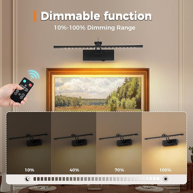 Battery Operated Picture Light with Remote, 16" Wireless LED Art Light Rechargeable 5000mAh, Dimmable Painting Light for Wall, 3000K Warm White, Adjustable Swing Arm Metal Display Light, Black