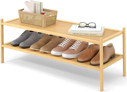 Smiry Bamboo Long Shoe Rack, 2 Tier Shoe Organizer for Entryway & Closet, Stackable Free Standing Storage Shelf for Shoes, Bags & Plants, Natural