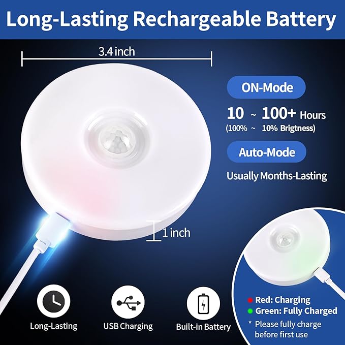 RGB LED Rechargeable Motion Sensor Light Indoor with Remote, Long-Lasting Battery, Bright & Dimmable, Stick-On Puck Night Light for Closet, Cabinet, Kitchen, Stairs, Shelves - Warm & RGB 2Pack