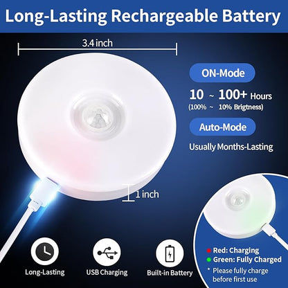 RGB LED Rechargeable Motion Sensor Light Indoor with Remote, Long-Lasting Battery, Bright & Dimmable, Stick-On Puck Night Light for Closet, Cabinet, Kitchen, Stairs, Shelves - Cool & RGB 2Pack
