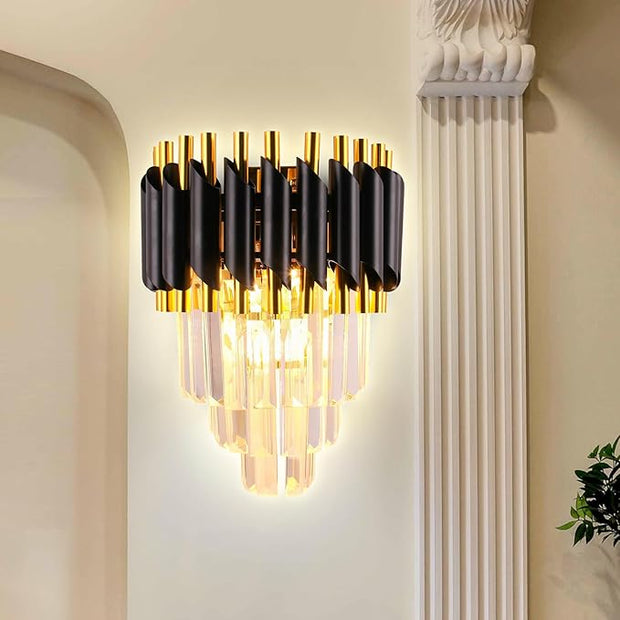 FRIXCHUR Crystal Wall Sconce Black Modern Lamp Mounted Light Fixture for Bedroom Bedside Living Room Hallway Bathroom 2X E12 Base