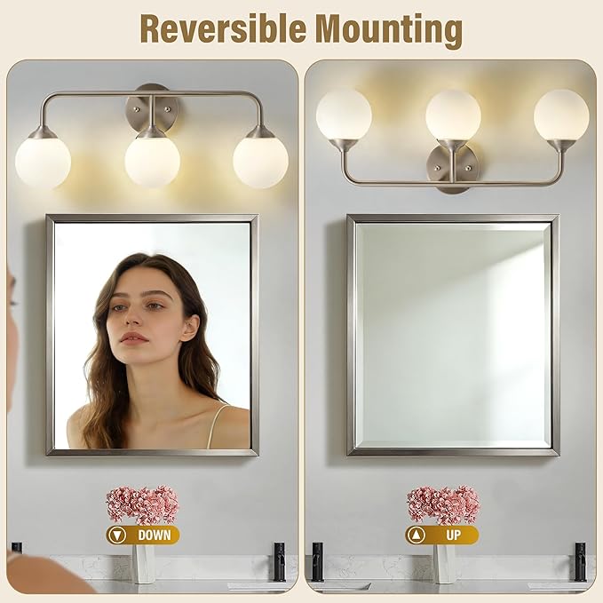 Bathroom Light Fixtures - 3 Light Brushed Brass Vanity Light Over Mirror for Bathroom Mirror Living Room, Brushed Nickel Bathroom Wall Sconce with Frosted Glass Shade, 3 G9 Bulbs Included