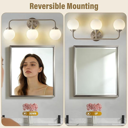 Bathroom Light Fixtures - 3 Light Brushed Brass Vanity Light Over Mirror for Bathroom Mirror Living Room, Brushed Nickel Bathroom Wall Sconce with Frosted Glass Shade, 3 G9 Bulbs Included