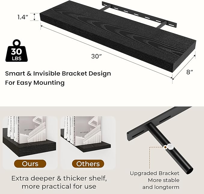 Dreamland 30 Inch Long Floating Shelves in White,8 Inch Deep Floating Shelf for Wall,Large Display & Storage Shelf, Wall Shelf for Bathroom Bedroom Living Room Kitchen Office，Set of 2