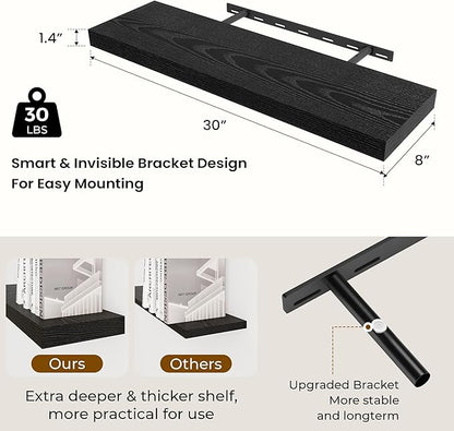 Dreamland 30 Inch Long Floating Shelves in White,8 Inch Deep Floating Shelf for Wall,Large Display & Storage Shelf, Wall Shelf for Bathroom Bedroom Living Room Kitchen Office，Set of 2