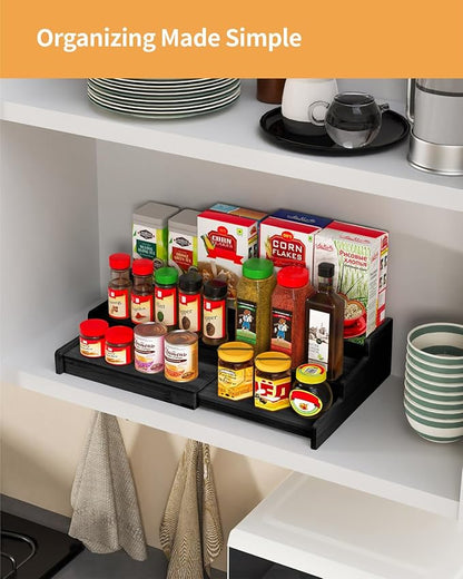 Spice Rack, 3-Tier Expandable Bamboo Spice Rack Organizer for Cabinet, Kitchen, Pantry and Cupboard Storage Organizer-Black(2pack)