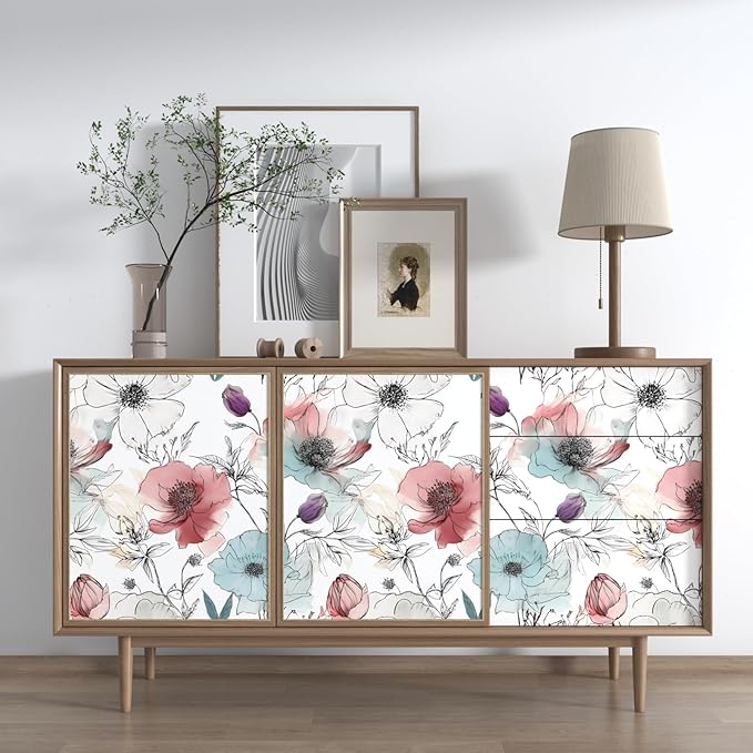 Floral Peel and Stick Wallpaper, Watercolor Flowers Contact Paper 17.5