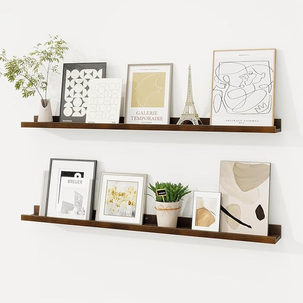 Picture Ledge Shelf, Floating Shelves Set of 2, 36 Inches Solid Wood Nursery Book Shelves for Toys Storage, Kids Bookshelf Wall Mounted for Living Room Bedroom Decor Books Photo Frames, Walnut