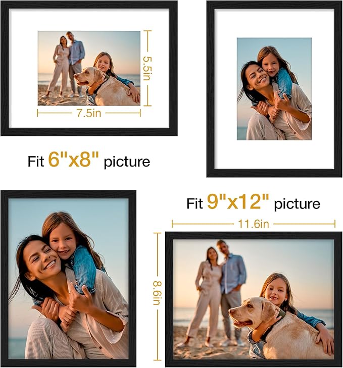 Vittanly 9x12 Picture Frames Set of 4, Display Pictures 6x8 with Mat or 9x12 without Mat, Gallery Wall Frame Set for Wall Mounting, Engineered Wood with Shatter Resistant Plexiglass, Black