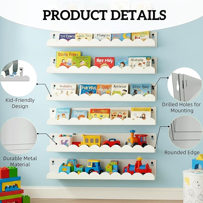 Nursery Book Shelves Set of 6, White Metal Floating Shelves for Wall, 16 Inch Scalloped Book Shelf for Kids Room, Bathroom, Bedroom, Playroom Wall Decor & Storage