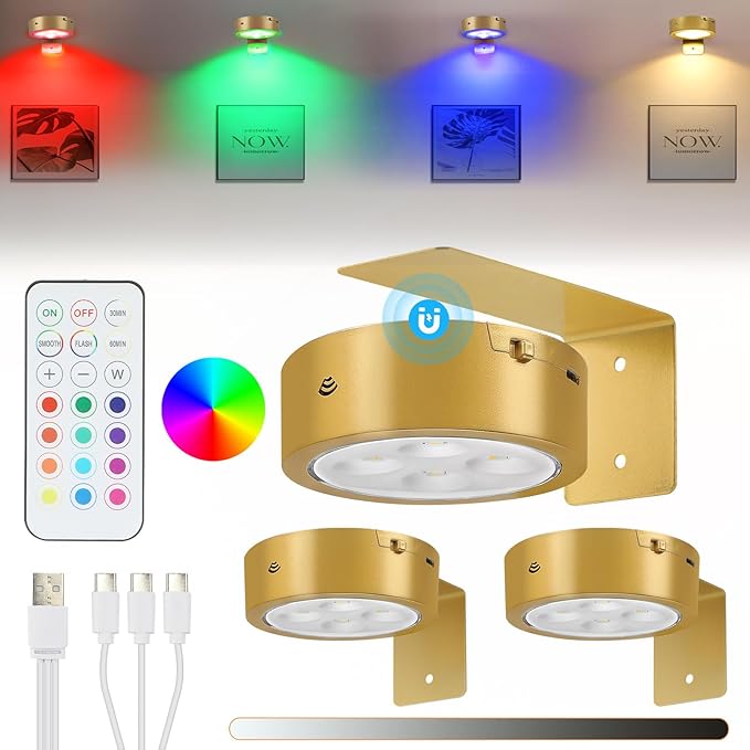 3Pcs Rechargeable Picture Lights,13 RGB Color Magnetic Led Wireless Art Display Light Battery Operated Wall Lights for Pictures with Remote Dimmable and Timer, for Picture Frame Paintings-RGB Gold