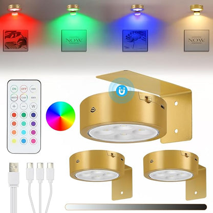 3Pcs Rechargeable Picture Lights,13 RGB Color Magnetic Led Wireless Art Display Light Battery Operated Wall Lights for Pictures with Remote Dimmable and Timer, for Picture Frame Paintings-RGB Gold