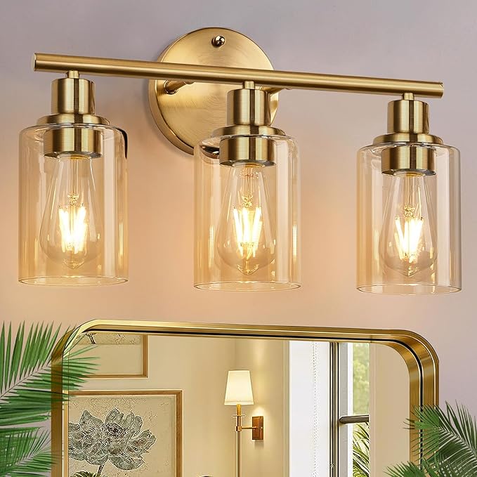 3-Light Bathroom Light Fixtures, Brushed Gold Vanity Light, Farmhouse Wall Lights with Amber Glass Shades, Bathroom Wall Lamp for Mirror Kitchen Bedroom Hallway Living Room