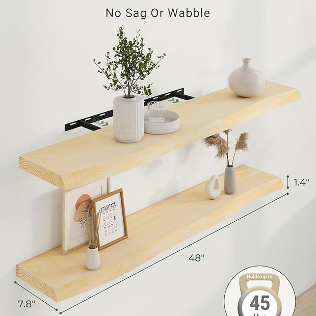 Axeman 48" Solid Wood Floating Shelves for Wall Decor, USA-Sourced Rustic Ash Wood Live Edge Shelf with Upgraded Heavy Invisible Bracket, Wall Mounted Shelf for Kitchen Bathroom Living Room, Natural