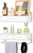 Floating Shelves With Drawers Set of 2 - Wall Mounted Storage for Bathroom, Living Room, Kitchen - Rustic Wood Wall Decor for Plants, Books