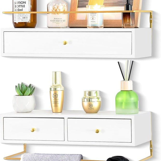 Floating Shelves With Drawers Set of 2 - Wall Mounted Storage for Bathroom, Living Room, Kitchen - Rustic Wood Wall Decor for Plants, Books