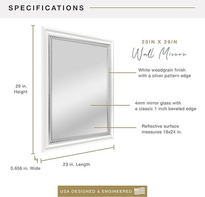 MCS 23x29 Large Wall Mirror, White Woodgrained Frame with Silver Embossed Detail & Beveled Detail Mirror, Vertical & Horizontal Wall Hanging Mirror for Bathroom, Bedroom & Livingroom