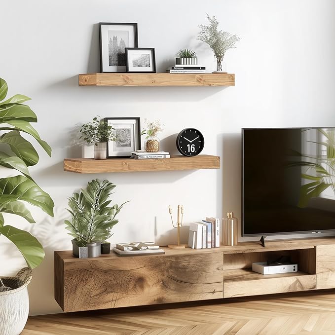 24x6.8x2 Inch Rustic Floating Shelves for Wall Set of 2 - Oak Solid Wood Wall Mounted Shelves with Invisible Bracket, Extended Design for Farmhouse Living Room Bedroom Kitchen Decor