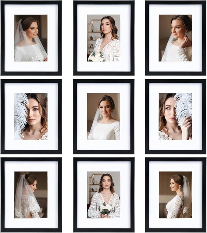 8x10 Picture Frame Set of 9, Display Pictures 5x7 with Mat or 8x10 without Mat, Multi Collage Gallery Square Photo Frames for Wall or Tabletop, Black