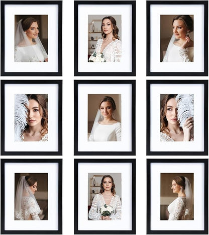 8x10 Picture Frame Set of 9, Display Pictures 5x7 with Mat or 8x10 without Mat, Multi Collage Gallery Square Photo Frames for Wall or Tabletop, Black