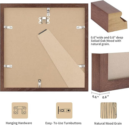 puthiac 8x8 Solid Oak Wood Picture Frame, Fits 4x4 with Mat or 8x8 Without Mat, Wall or Tabletop Display with Stand, Plexi Front, 3 Pack, Walnut