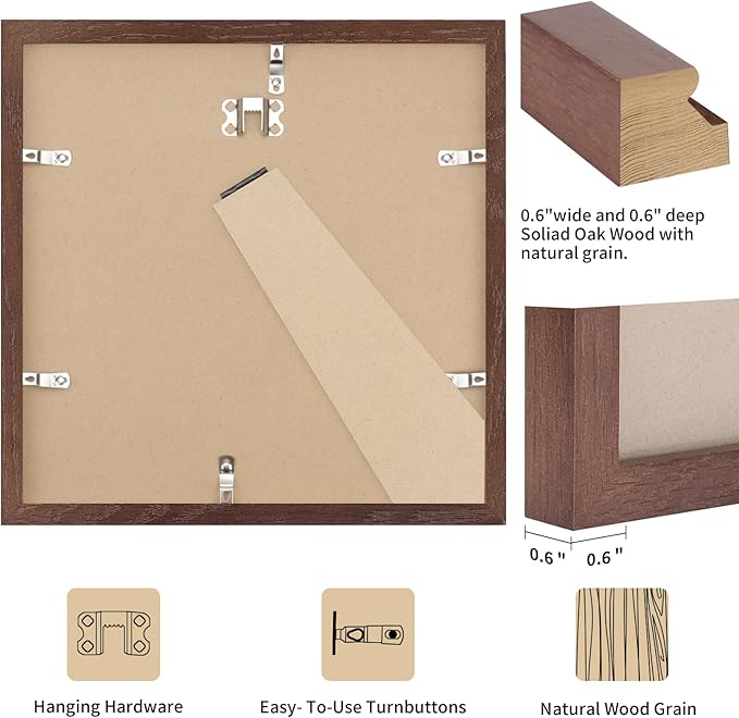 puthiac 8x8 Solid Oak Wood Picture Frame, Fits 4x4 with Mat or 8x8 Without Mat, Wall or Tabletop Display with Stand, Plexi Front, 3 Pack, Walnut