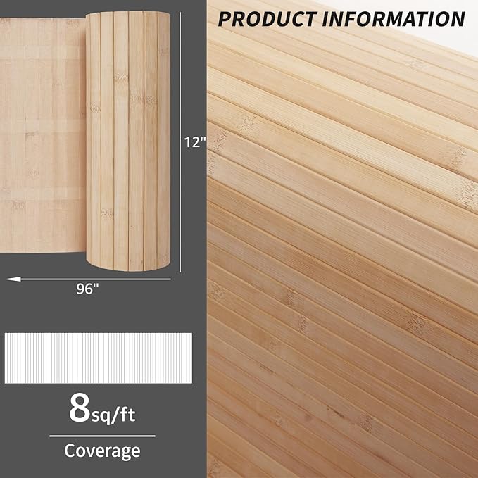 Art3d Natural Bamboo Wall Panel for Interior Wall Decor, Renewable Pole Wrap Wainscoting Paneling for Wall Ceiling Furniture Cabinet Office, 12 x 96 Inch - Carbonized, 1-Pack