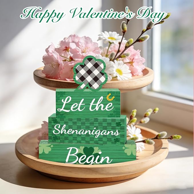 4 Pcs St Patricks Day Decorations for Home St. Patricks Day Tiered Tray Decor Let The Shenanigans Begin Sign Farmhouse Decor for Home Office Kitchen Shelf Tabletop Centerpieces