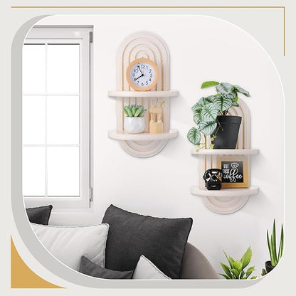 Wenqik 2 Pcs Boho Wall Shelf Rainbow Arch Wooden Floating Shelf Mid Century Bohemian Hanging Holder Double Vintage Wall Mount Altar Decor for Nursery Bedroom 15.75 x 6.69 Inches(White)