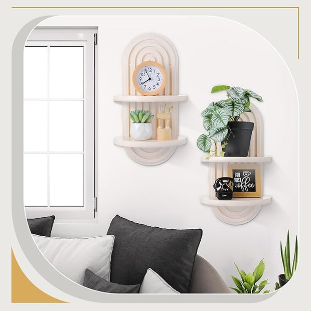 Wenqik 2 Pcs Boho Wall Shelf Rainbow Arch Wooden Floating Shelf Mid Century Bohemian Hanging Holder Double Vintage Wall Mount Altar Decor for Nursery Bedroom 15.75 x 6.69 Inches(White)