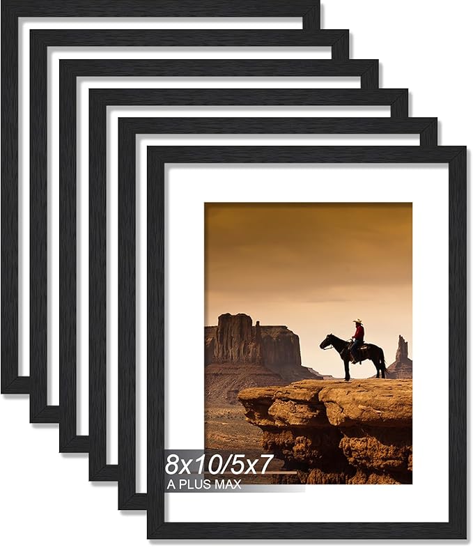 A PLUS MAX 8x10 Picture Frame Set of 6, Engineered Wood Frame Display Photo 5x7 with Mat or 8 x 10 without Mat, 8by10 Frame with Black Wood Grain for Wall - 6 Pack/Black/8