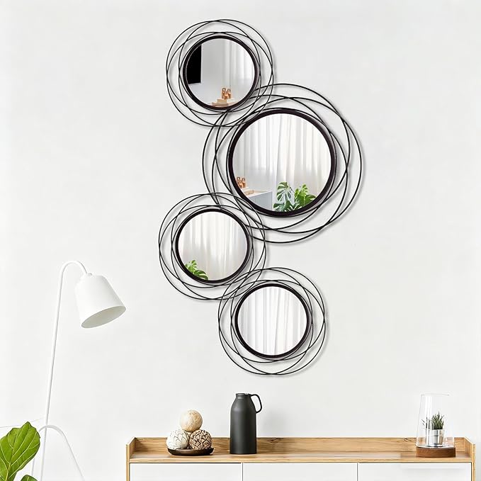 Cityelf 4 Set Mixed Size Black Circle Mirrors Wall Decor Iron Frame Wall Art Round Mirror Home Decor Hanging for Living Room/Bedroom/Bathroom/Entryway