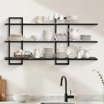 PHOENANCEE 3 Tier Wall Shelves,Decorative Floating Shelf for Wall,Plants Photo Shelf Storage Display Shelving Wood for Living Room Bedroom Kitchen Home Office Decor,Modern,Large,22 Inch(Black)