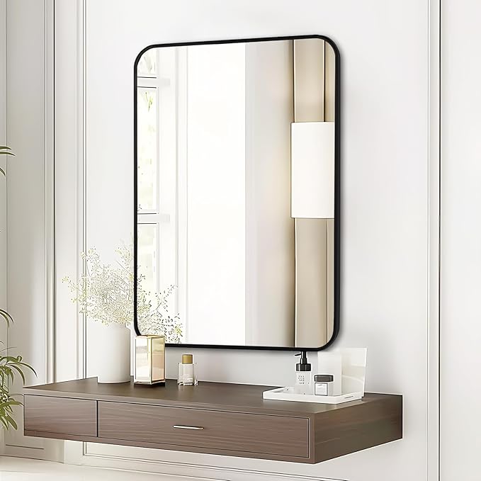 Fabuday Black Bathroom Mirror for Over Sink - 20x30 Matte Metal Framed Wall Mirror, Rounded Rectangular Vanity Mirrors for Living Room, Bedroom, Entryway, Hallway, Horizontally/Vertically